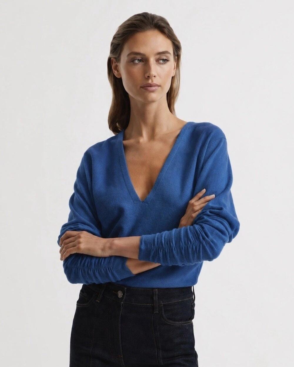 Reiss Blue Wool Cashmere Blend Batwing V Neck Ruched Sleeve Sweater XS